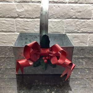 Galvanized Metal Holiday Basket with Red Bow & Holly